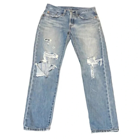 Levi’s 501 tapered button fly jeans Ripped knees Light wash Women’s size 26 - Picture 1 of 15
